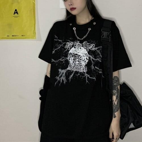 Zoki Harajuku Women T Shirt Summer Short Sleeve Gothic Black Print Long Tees Street Wear Oversized T Shirt Loose Girls Tops 2021