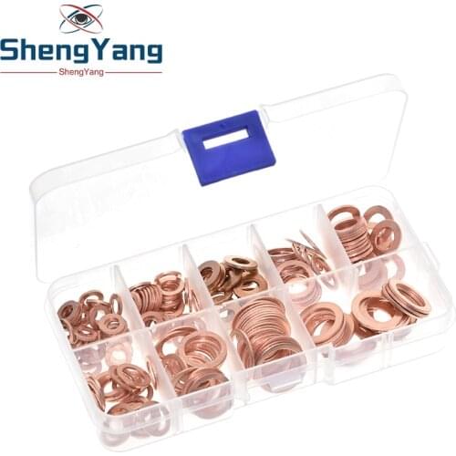 200pcs M5-M14 Professional Assorted Copper Washer Gasket Set Flat Ring Seal Assortment Kit with Box For Hardware Accessories