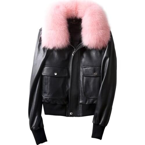 2020 Real sheep skin leather Jacket Coat Parkas100% Large fox Fur Collar Women Winter Coat Jacket Denim down coat inside