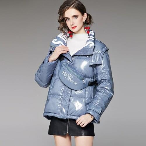 2021 New Winter Shiny Feather Parka Women 90% White Duck Down Coat Warm Outwear Fashion Letter Short Jacket Hooded With Backpack