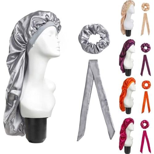 3 Pieces Satin Bonnet Sleep Cap with Hair Tie Scrunchies Headband Set Solid Color Extra Large Elastic Band Long Silky Night 094B