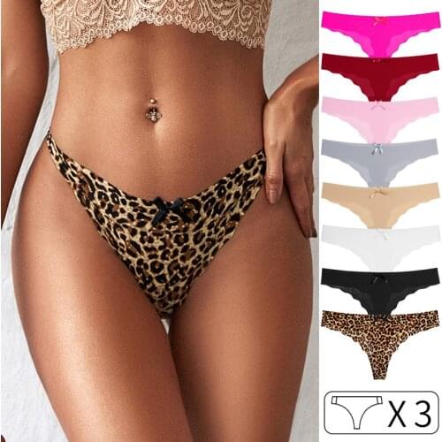 3Pcs Women Briefs Ice Silk Sexy G String Leopard Seamless Panties Underwear Girls Thong Fitness Ladies T Back