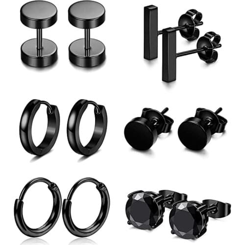 6 Pairs Stainless Steel Stud Earrings for Men Women Hoop Earring Huggie Black Earrings Set