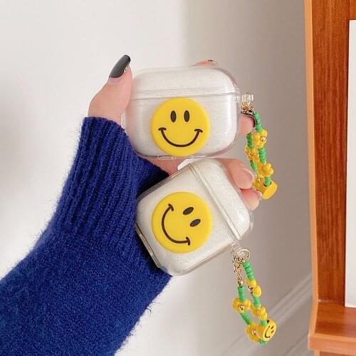 Glitter Smiley Soft Clear Earphone Shell For Apple Airpods 2/1 Cover For Airpod Pro 3 Earphone Case with Keychain for AirPods