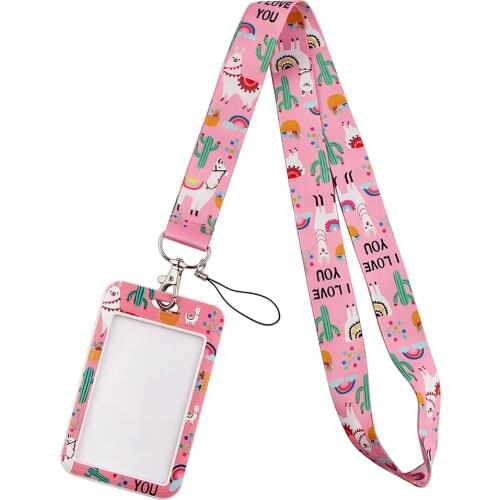 DZ1504 Pink Cute Alpaca Print Keychain Ribbon Lanyards for Keys ID Card Phone Straps Hanging Rope Lariat Students Badge Holder