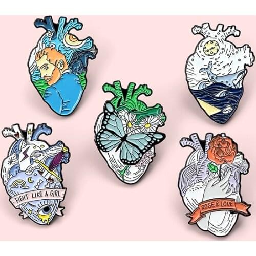 Heart Shape Enamel Pins Custom Van Gogh Space Ocean Whale Rose Girl Power Brooch Lapel Pin Shirt Bag Badge Jewelry Gift Friends