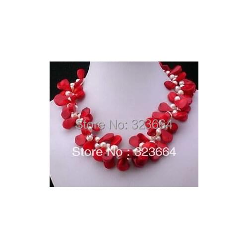 Hot Sell! Beautiful white pearl Water drops red coral necklace 17"