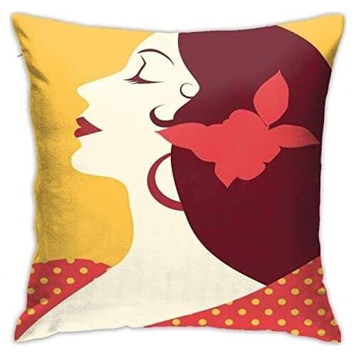 Personalized Abraction Fmenco Woman in Retro Polka Dot Dress with Flower in Her Hair Rhythm Dancer Decorative Pillow Cover