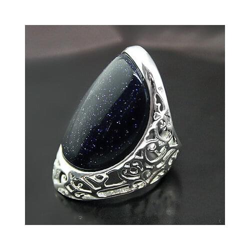 Wholesale good man/woman Solid 925 Sterling Silver 27*33mm Blue Sandstone Ring Siz 7/8/9/10 Genuine Natural stone gems Fortune