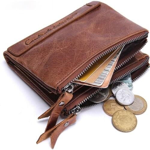 Short vintage fashion high quality crazy horse leather brown bifold leather mens wallet with coin pocket zipper pouch unisex