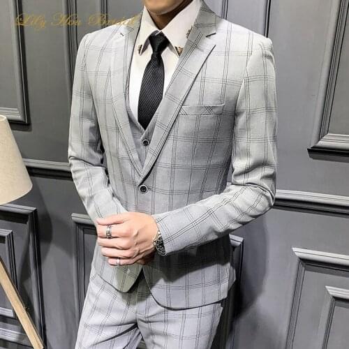 Three-piece (Jackets + Vest + Pants ) Groom Wedding Dress Plaid Formal Suits Set Mens Fashion Boutique Wool Casual Business Suit