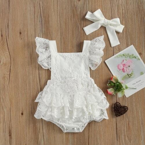 Baby Girls Summer Outfits Cute Ruffle Sleeve Floral Lace Tutu Romper with Headband Set