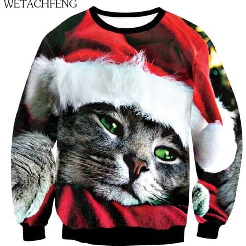 Fashion Cute Santa Cat Ugly Christmas Unisex Sweaters Tops Funny 3D Printed Jumpers Xmas Sweater O Neck Sweatshirts Mens Clothes