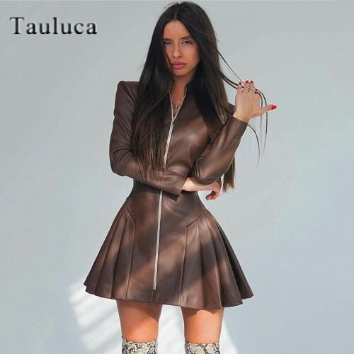Fashion Faux PU Leather Dresses Women Long Sleeve Slim Fit Mini Pleated Dress Sexy Autumn Fall Winter High Quality Party Dress