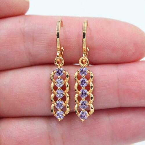 Gold Color Women Fashion Purple Zirconia CZ Stick Dangle Earrings Jewelry