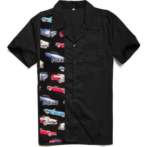 2021 Slim Fit Men Black Shirt Short Sleeve Cars Print 50s 60s Patchwork Cotton Vintage Cowboy Rockabilly Shirt Camisa Hombre