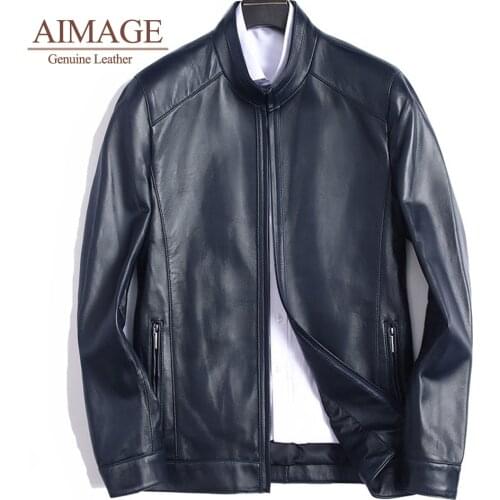 Mens leather jacket casual middle-aged large size stand collar sheep leather jacket mens 100% real genuine Leather coat PY048