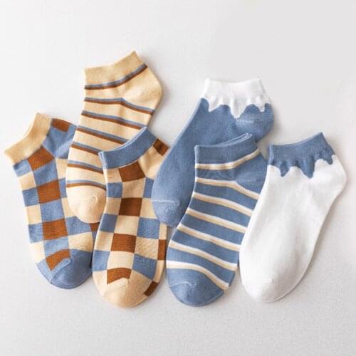 Elegant Ankle Socks Women Cotton Plaid Stripe Pattern Patchwork color Blue White Classic Short Sock Casual Hajuruku Type
