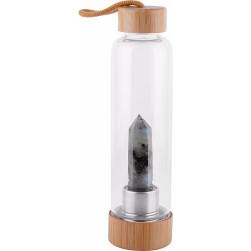 New Natural Crystal Water Bottle Point Healing Obelisk Wand Elixir Quartz Crystal Glass Water Bottle Wooden Cup Cover Drinkware