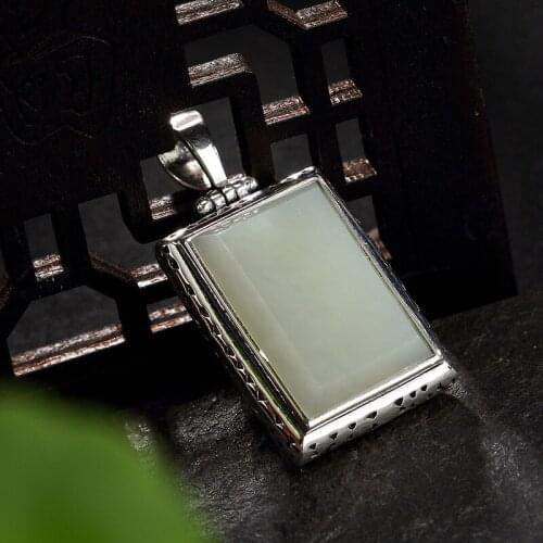 2018 New silver S925 pure silver antique mosaic and jade White Jade Jadeite square ladys high-end sweater chain pendant