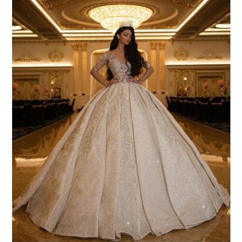 Luxury Glitter Ball Gown Wedding Dresses Sheer O Neck Long Sleeve Puffy Sweep Train Bridal Gowns Plus Size Robe De Mariée