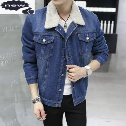 Hole Ripped Men Single Breasted Epaulet Short Coats Male Fur Lining Warm Jackets Jean Denim Winter Youngs Slim Fit Outwear Blue