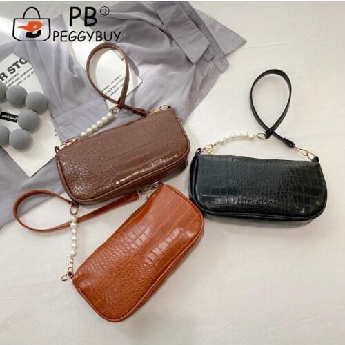 Vintage Women Alligator Pattern PU Solid Color Underarm Bag Pearl Shoulder Bags Soft Leather Women Designer Handbag