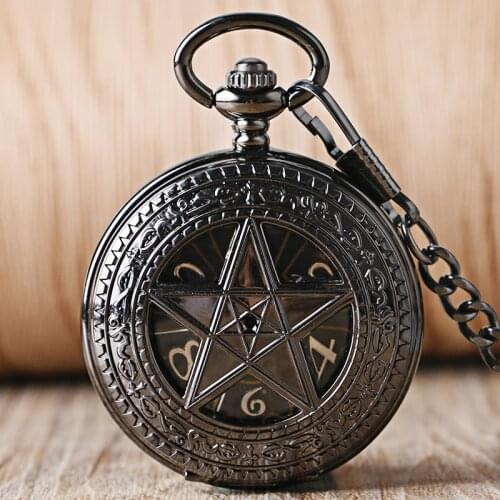 Vintage Pocket Watch Supernatural Pentagram Crown Pattern Dial Steampunk Hand-winding Mechanical Clock for Men Women FOB Chain