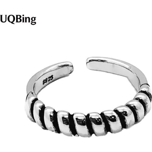 Vintage Thai Silver Twist Texture Finger Rings Women Birthday Gifts Jewelry