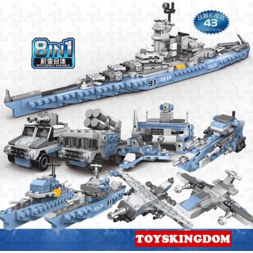 Military batisbricks ww2 8in1 america BB-63 USS Missouri block fighter Armored jeep Cruiser Destroyer Missile vehicle brick toy