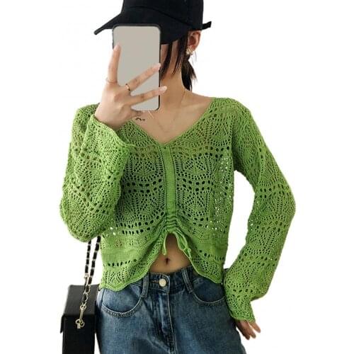 Women Blouse Knotted Tie Front Long Sleeve Crop Top Knit Black Autumn Soft Shirt Tops Woman Clothing