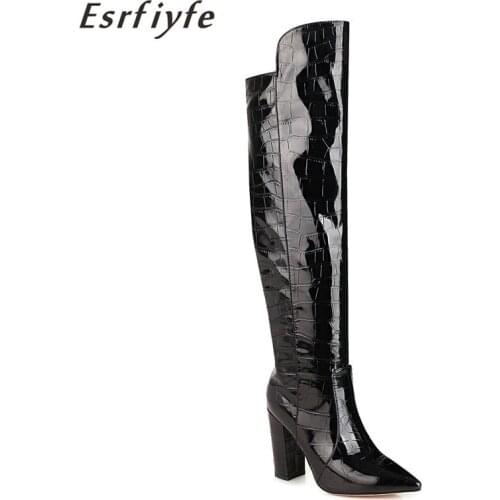 ESRFIYFE 2020 New Stone Grain Microfiber Women Over The Knee Boots Pointed Toe Ladies Boots High Heel Women Shoes Large Size 17