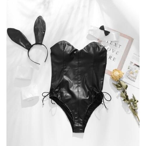 Faux Leather Bunny Temptation Faux Leather Rabbit Ears Woman Sexy Lingerie Bodysuit Cartoon Cute Lolita Cat Collar Uniform
