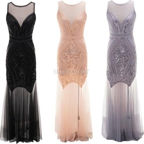 Women 1920s Sequin Art Deco Double Flapper Vintage O Neck Party Dress Embellished Fringed Summer Sleeveless