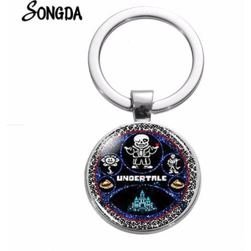 Undertale Game Gamer Keychain Cartoon Figure Sans 3D Effect Glass Cabochon Video Game Keyring Silver Plated Friends Gifts