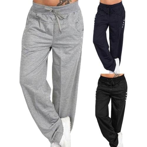 Women Solid Color Casual Elastic Waist Drawstring Button Pocket Loose Straight Trousers Pants Sports Running Pants with Pocket