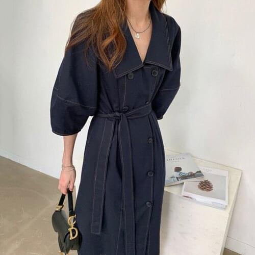 Double Breasted Long Trench Coat Women2021Autumn Vintage Puff Sleeve Waist Trench Coat Female Casual Outwear Fashion Windbreaker