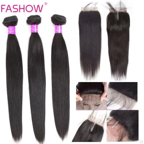 FASHOW Brazilian Straight Hair Bundles With Closure Thick Human Hair 3/4 Bundles With Closure Double Wefts Black Friday Sale