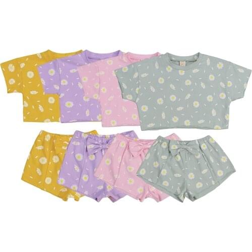 FOCUSNORM 1-6Y Summer Lovely Kids Girls Clothes Sets 2pcs Sunflowers Printed Short Sleeve T Shirts Tops Shorts