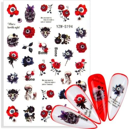Halloween Nail Sticker 3D Skull Bone Rose Eye Adhesive Sliders for Nails Foil Decals Design Manicure Art Decorations Accessories