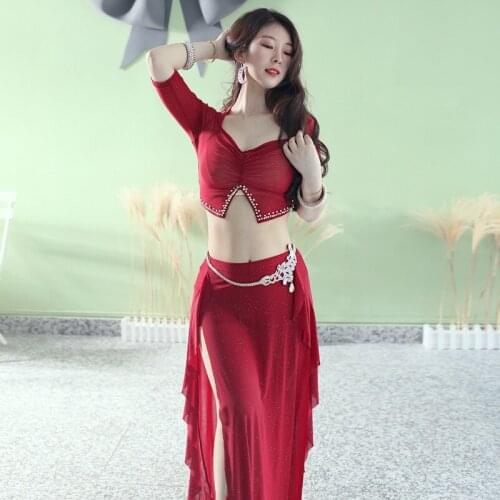 Belly Dance Sexy Hot Drilling Suit Water Gauze Oriental Dance Performance Clothing Group Clothing 2021 Summer Exercise Clothing