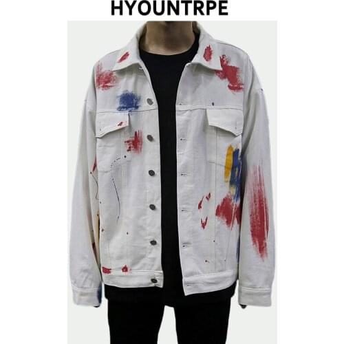 Fashion Graffiti Printed Jeans Jacket Coat Men Casual Single Breasted Turn Down Collar Denim Streetwear Hip Hop Outerwear Jacket