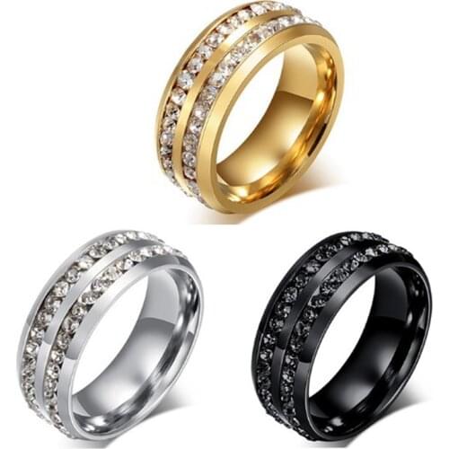 High Quality Male Punk Vintage Black Stainless Steel Jewelry Two Rows CZ Stone Wedding Ring for Man Woman