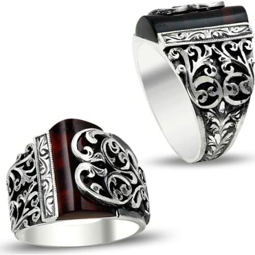 Fire Amber Men Silver Ring Handcarved Turkish Ring Vintage Men Jewelery 925k Silver Accessory Men Gift