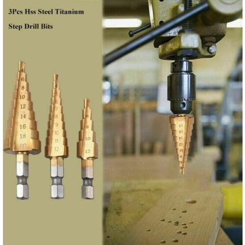 Set of 3 Titanium Step Drill Bit Set, High Steel, Total 3 Sizes, HSS Multiple Hole Drilling Cutting with Storage Bag