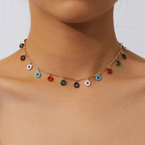 Fashion Enamel Coin Short Choker Necklace Simple Design Vintage Colorful Paint Disc Collar Necklace For Women