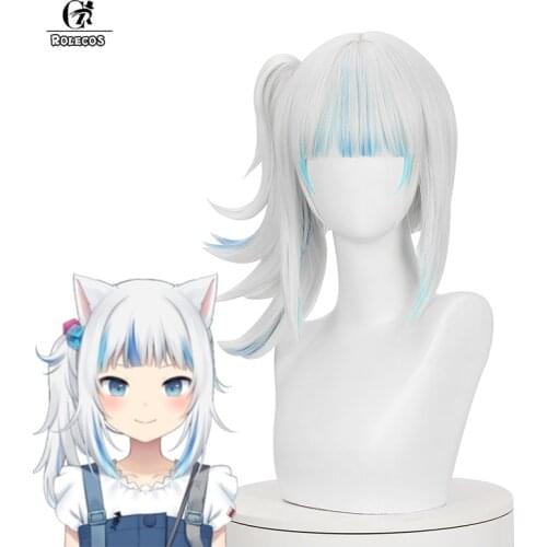 ROLECOS Hololive Gawr Gura Cosplay Wig Virtual YouTuber Gawr Gura Cosplay Wig Headwear Wig 40cm Heat Resistant Synthetic Hair