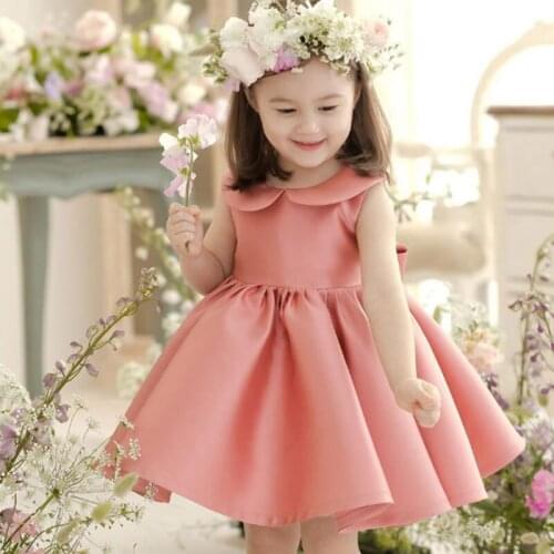 Flower Girls Dress Big Bow Back Toddler Girls Princess Pageant Ball Gown Cute Polo Collar Dresses for Little Girls Birthday Pink