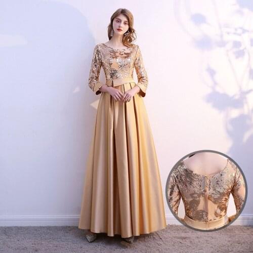 Golden Satin Sequin Embroidery Evening Dress Female Banquet Elegant Performance Host Long Birthday Party Prom Ball Gown A257