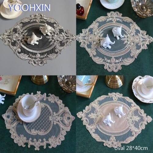 Luxury oval black brown Lace embroidery placemat cup coaster tea mug kitchen table place mat cloth doily Christmas wedding pad